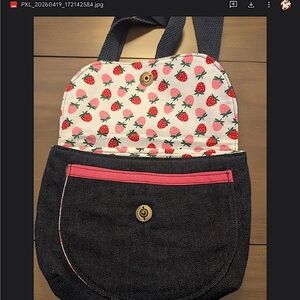Upcycle dark Denim Crossbody Bag with strawberries Handmade !